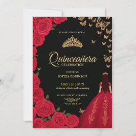 Elegant Quinceañera invitation with red roses 招待状