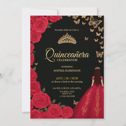 Elegant Quinceañera invitation with red roses 招待状 (正面)