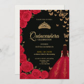 Elegant Quinceañera invitation with red roses 招待状 (正面/裏面)