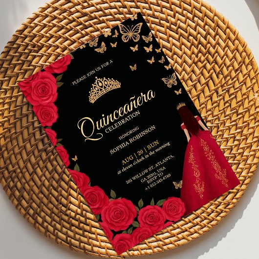 Elegant Quinceañera invitation with red roses 招待状