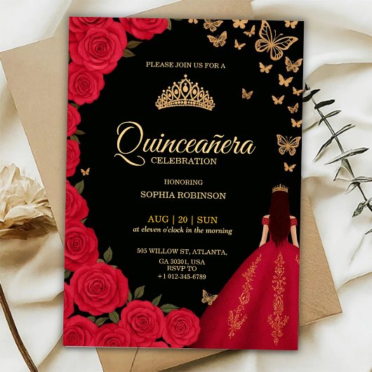Elegant Quinceañera invitation with red roses 招待状