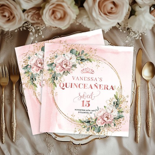 Elegant Quinceañera Napkins in Rose Gold Greenery スタンダードカクテルナプキン