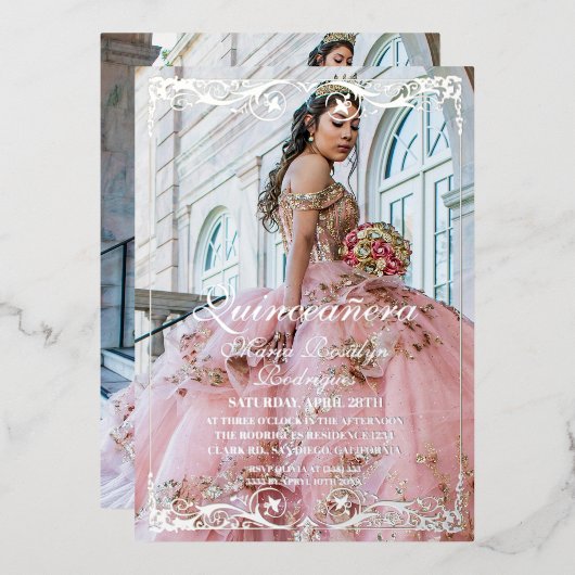 Elegant Quinceanera Photo Invitation 箔招待状 (正面/裏面)