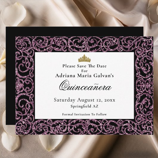 Elegant Quinceanera Pink Scrollwork Save The Date セーブザデート