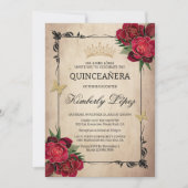 Elegant Quinceanera Red Rose Gold Foil Invitation 招待状 (正面)