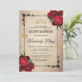 Elegant Quinceanera Red Rose Gold Foil Invitation 招待状 (スタンド正面)