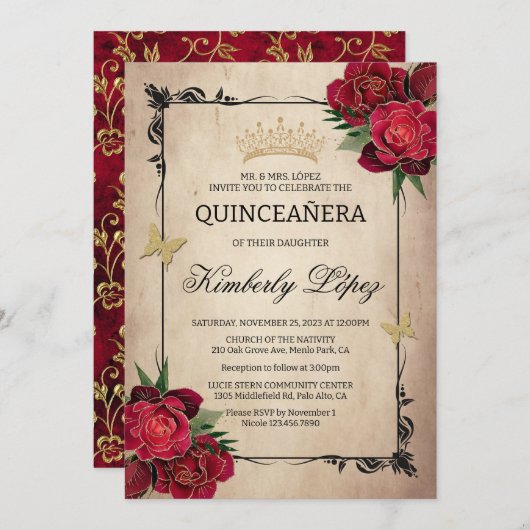 Elegant Quinceanera Red Rose Gold Foil Invitation 招待状 (正面/裏面)