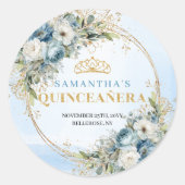 Elegant Quinceañera Sticker Blue Gold Greenery ラウンドシール (正面)