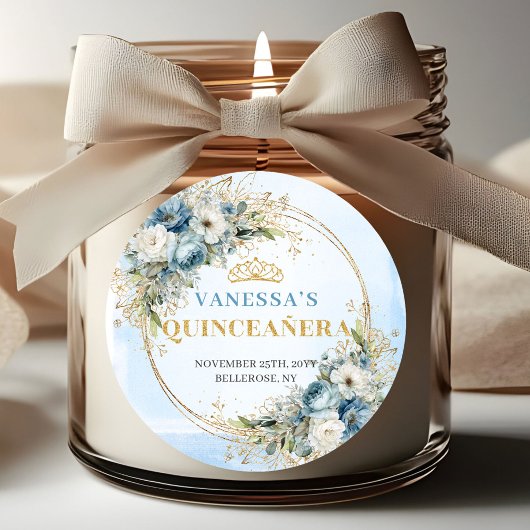 Elegant Quinceañera Sticker Blue Gold Greenery ラウンドシール