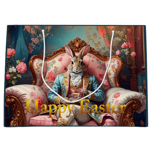 Elegant rabbit Drinking Tea Happy Easter ラージペーパーバッグ (正面)