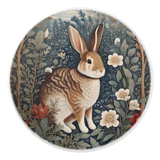 Elegant Rabbit Framed By Flowers and Leaves セラミックノブ (正面)