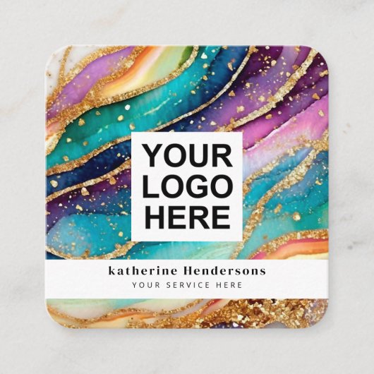 Elegant Rainbow Agate gold Glitter & QR Code Logo スクエア名刺 (正面)