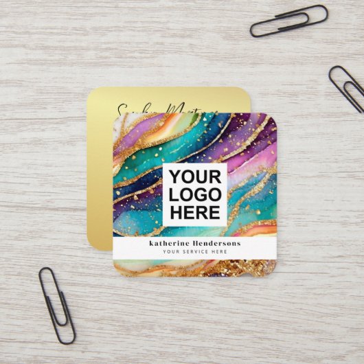 Elegant Rainbow Agate gold Glitter & QR Code Logo スクエア名刺 (正面/裏面インサイチュ)