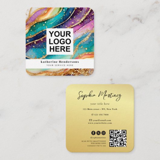 Elegant Rainbow Agate gold Glitter & QR Code Logo スクエア名刺 (正面/裏面)