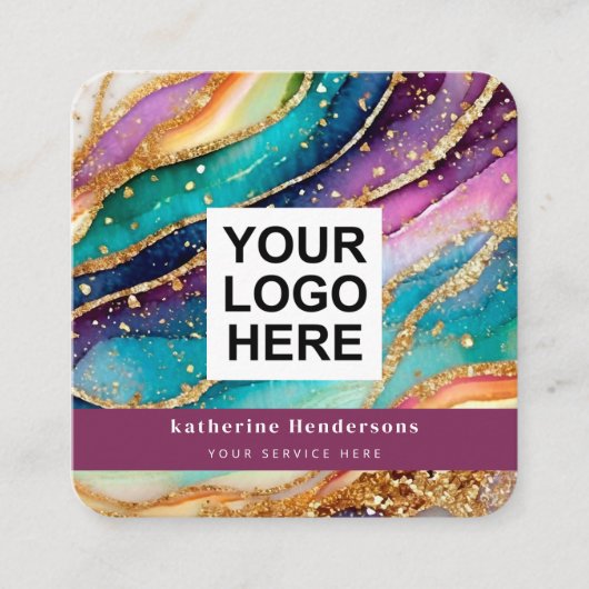 Elegant Rainbow Agate gold Glitter & QR Code Logo スクエア名刺 (正面)