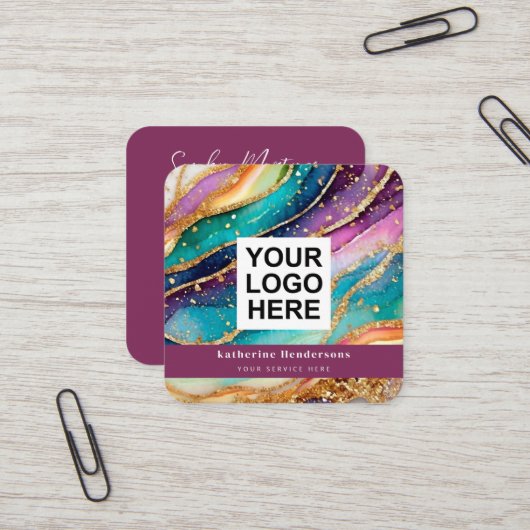 Elegant Rainbow Agate gold Glitter & QR Code Logo スクエア名刺 (正面/裏面インサイチュ)