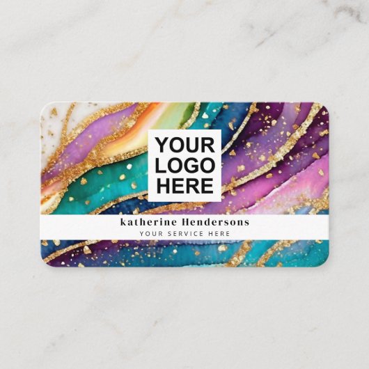 Elegant Rainbow Agate gold Glitter & QR Code Logo 名刺 (正面)