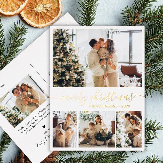Elegant Real Gold Foil Script 4 Photo Collage 箔シーズンポストカード