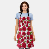 Elegant Red And Dark Pink Floral Roses Pattern エプロン (着用した状態)