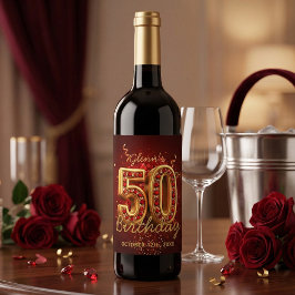 Elegant Red and Gold 50th Milestone Birthday ワインラベル