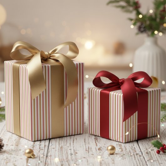 Elegant Red and Gold Candy Cane Pinstripe Pattern ラッピングペーパー