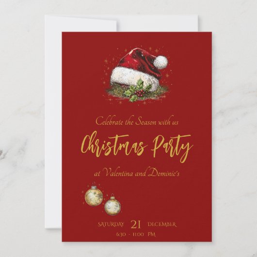 Elegant Red and Gold Christmas Party Invitation 招待状 (正面)