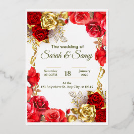 Elegant Red and Gold Floral Wedding Invitation Car 箔招待状