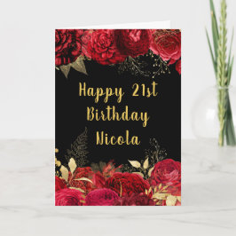 Elegant Red and Gold Flowers Birthday カード