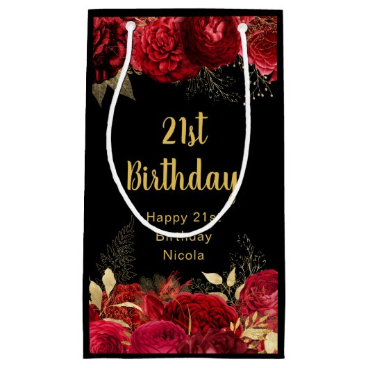 Elegant Red and Gold Flowers Birthday スモールペーパーバッグ (正面)