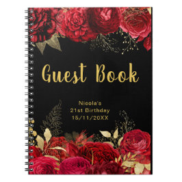 Elegant Red and Gold Flowers Birthday Guest Book ノートブック