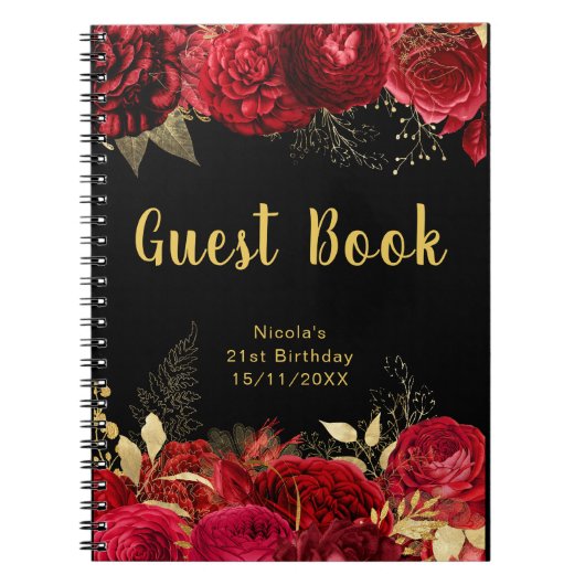 Elegant Red and Gold Flowers Birthday Guest Book ノートブック (正面)