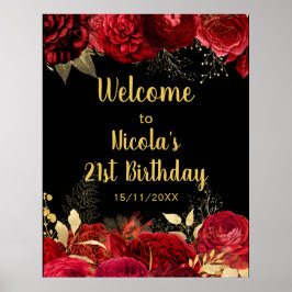 Elegant Red and Gold Flowers Birthday Part Welcome ポスター
