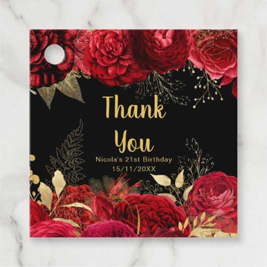 Elegant Red and Gold Flowers Birthday Party フェイバータグ (正面)