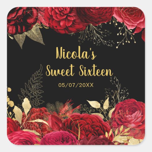 Elegant Red and Gold Flowers Sweet Sixteen  スクエアシール (正面)