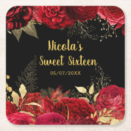 Elegant Red and Gold Flowers Sweet Sixteen  スクエアペーパーコースター