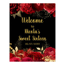 Elegant Red and Gold Flowers Sweet Sixteen Welcome