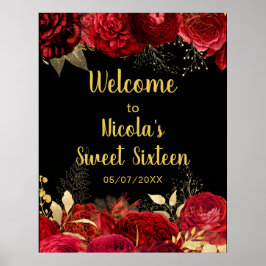 Elegant Red and Gold Flowers Sweet Sixteen Welcome ポスター