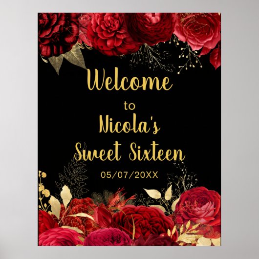 Elegant Red and Gold Flowers Sweet Sixteen Welcome ポスター (正面)