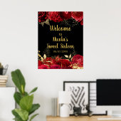 Elegant Red and Gold Flowers Sweet Sixteen Welcome ポスター (ホームオフィス)