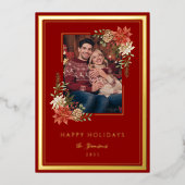 Elegant Red and Gold Poinsettia Photo 箔シーズンカード (正面)