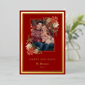 Elegant Red and Gold Poinsettia Photo 箔シーズンカード (立ち正面)