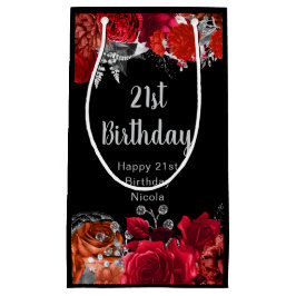 Elegant Red and Silver Flowers Birthday スモールペーパーバッグ