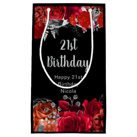Elegant Red and Silver Flowers Birthday スモールペーパーバッグ (正面)