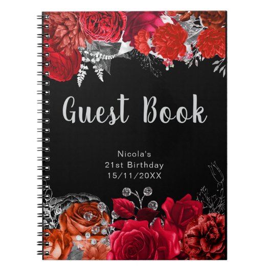Elegant Red and Silver Flowers Birthday Guest Book ノートブック (正面)
