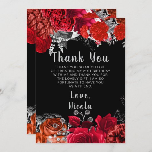 Elegant Red and Silver Flowers Birthday Party サンキューカード (正面/裏面)