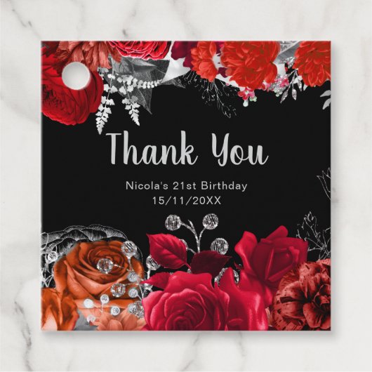 Elegant Red and Silver Flowers Birthday Party フェイバータグ (正面)