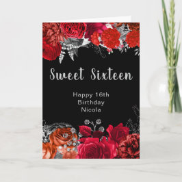 Elegant Red and Silver Flowers Sweet Sixteen カード