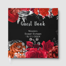 Elegant Red and Silver Flowers Sweet Sixteen ゲストブック