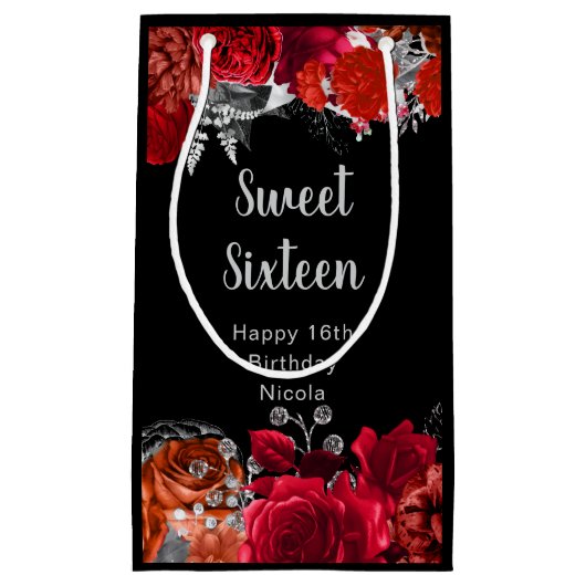 Elegant Red and Silver Flowers Sweet Sixteen  スモールペーパーバッグ (正面)