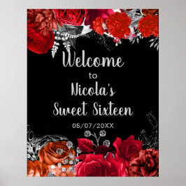 Elegant Red and Silver Flowers Sweet Sixteen  ポスター